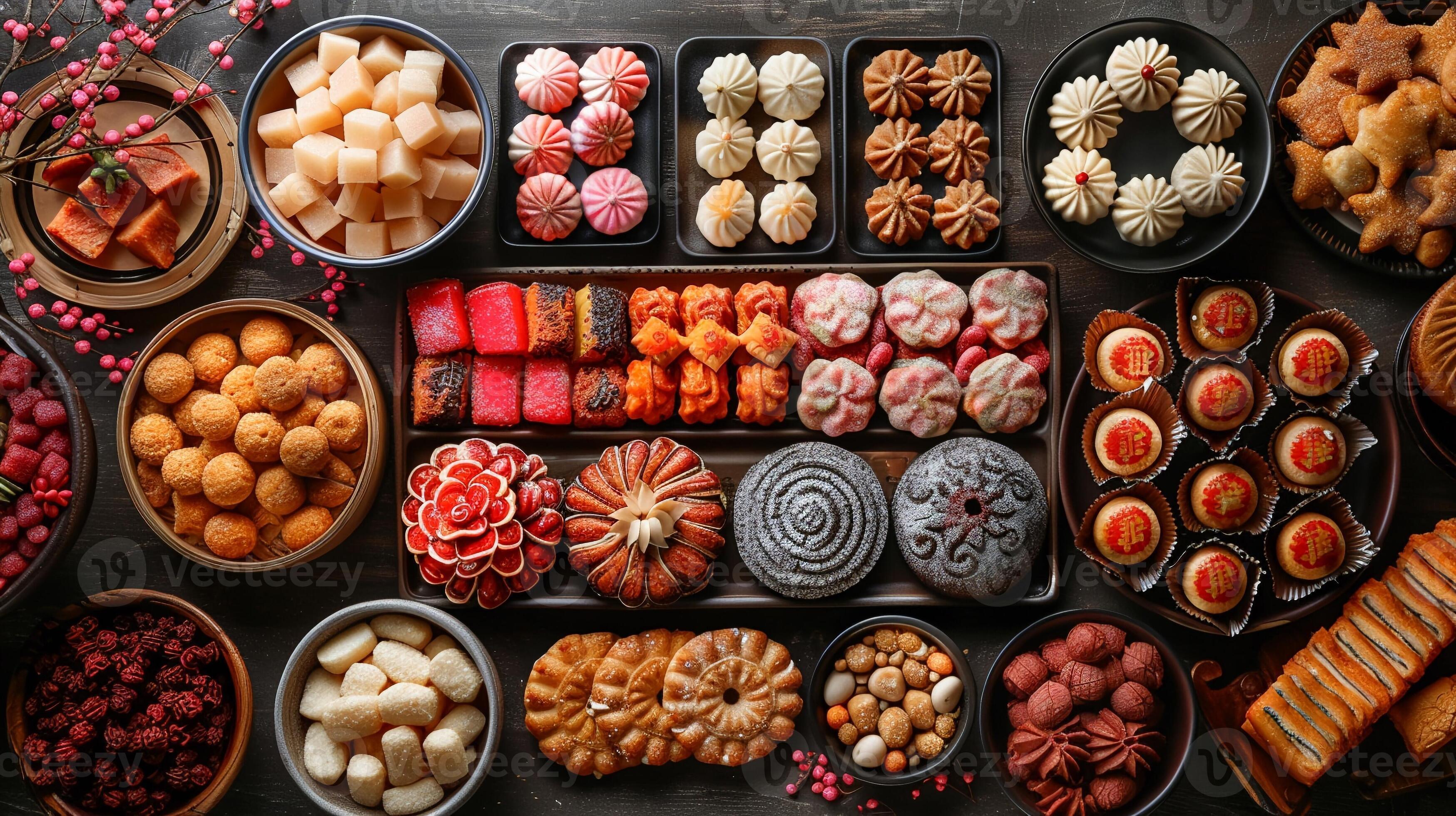 A table with traditional Lunar New Year sweets and snacks. 46240535 Stock Photo at Vecteezy