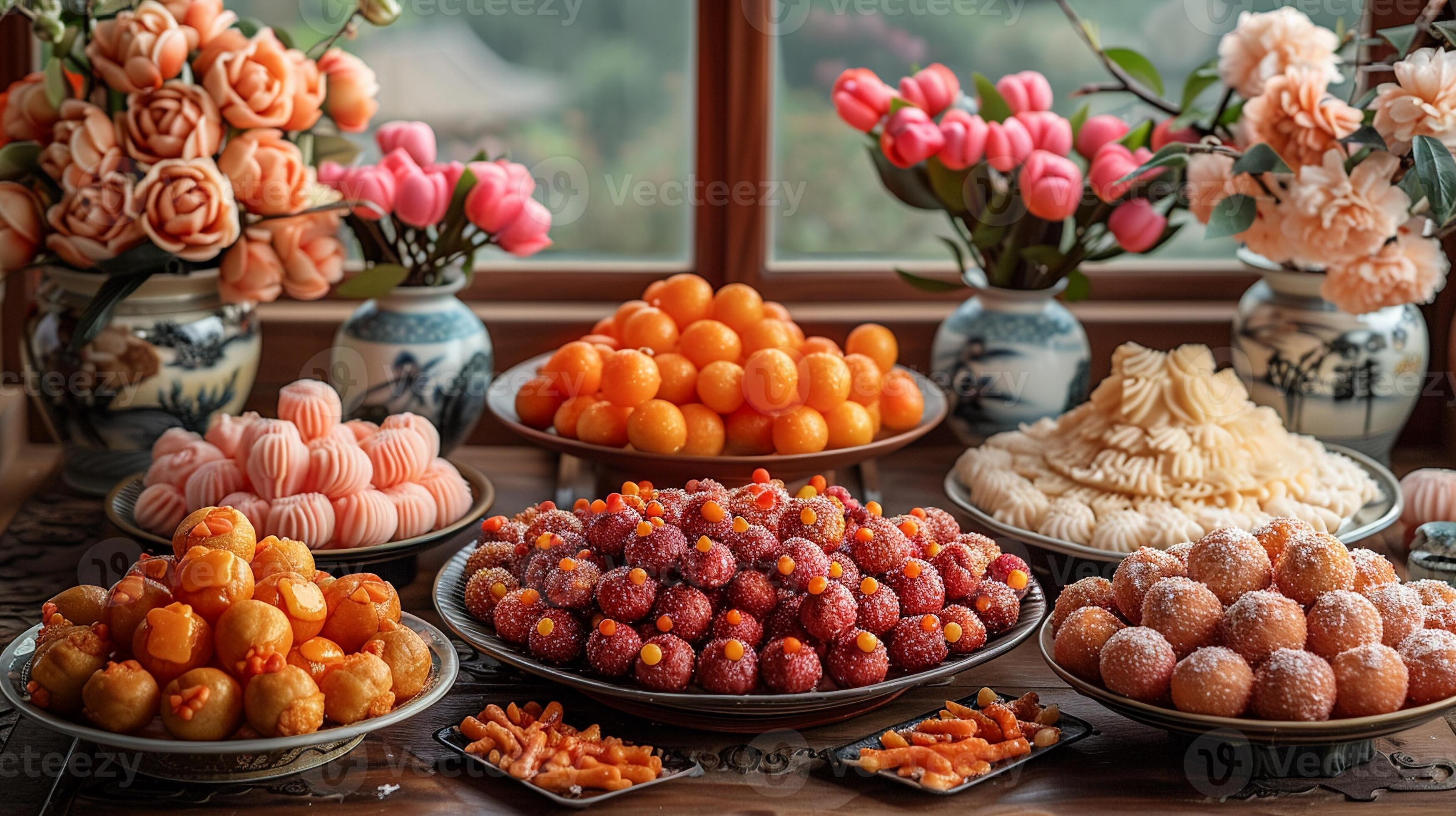 A table with traditional Lunar New Year sweets and snacks. 46240546 Stock Photo at Vecteezy