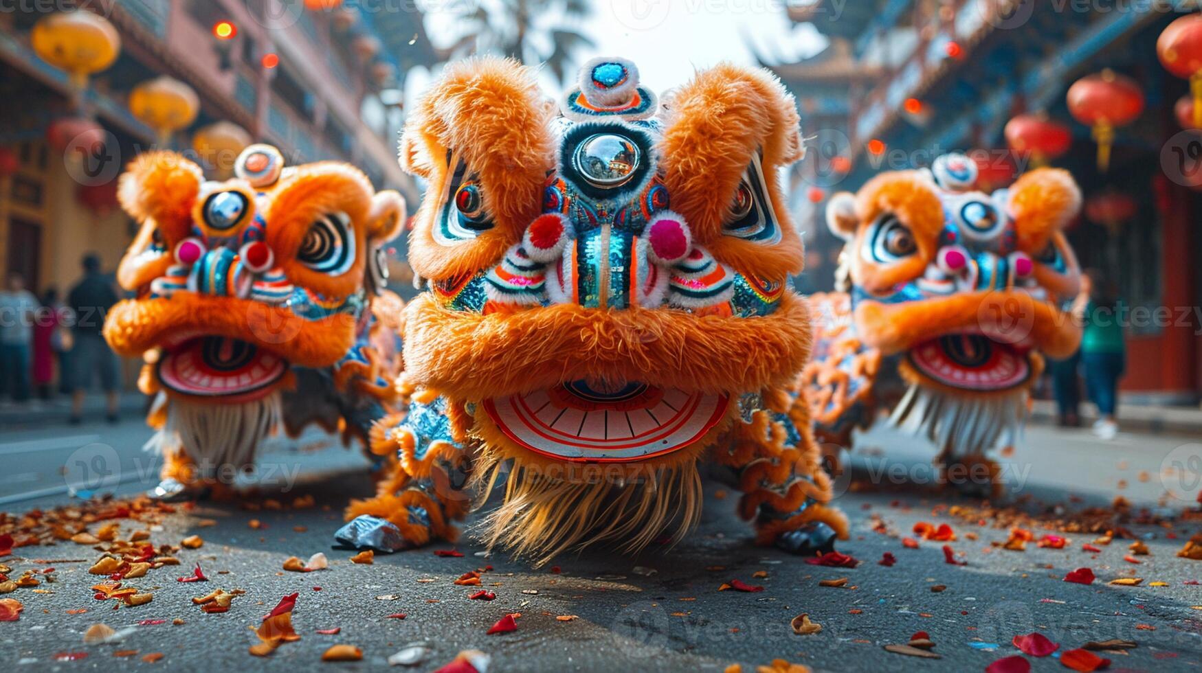 A traditional Lunar New Year parade with dragon and lion dancers photo
