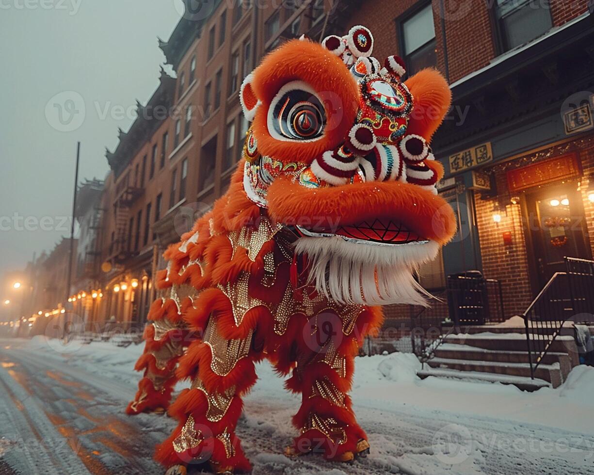 A traditional lion dance performance during Lunar New Year. photo