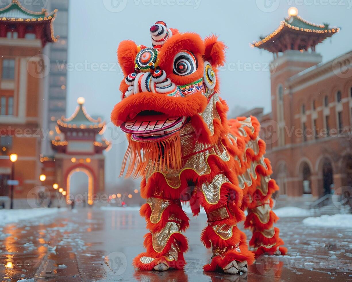 A traditional lion dance performance during Lunar New Year. photo