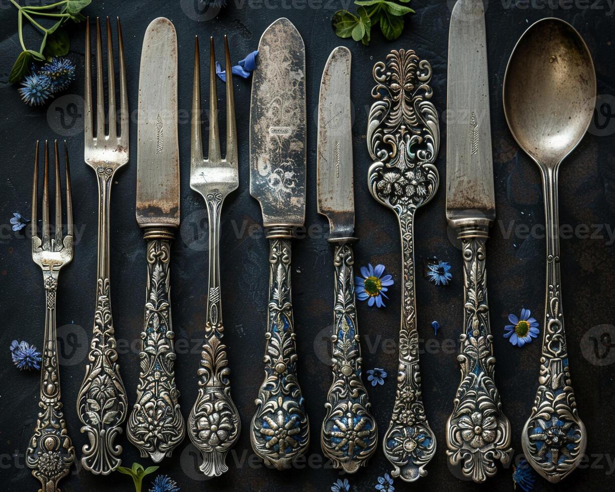 A traditional silver cutlery set displayed elegantly. photo