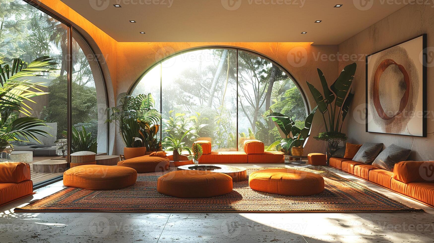 A virtual reality experience of a contemporary living room. photo