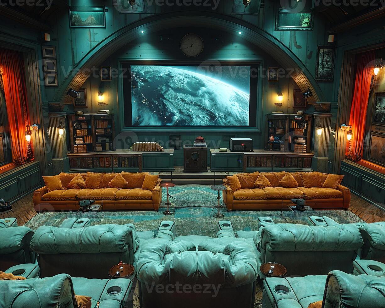 A virtual reality experience of a home theater setup. photo
