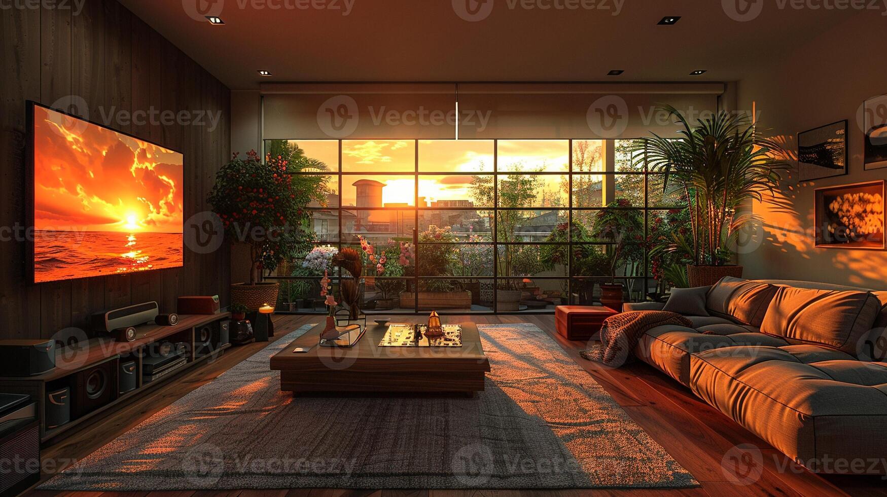 A virtual reality experience of a contemporary living room. photo