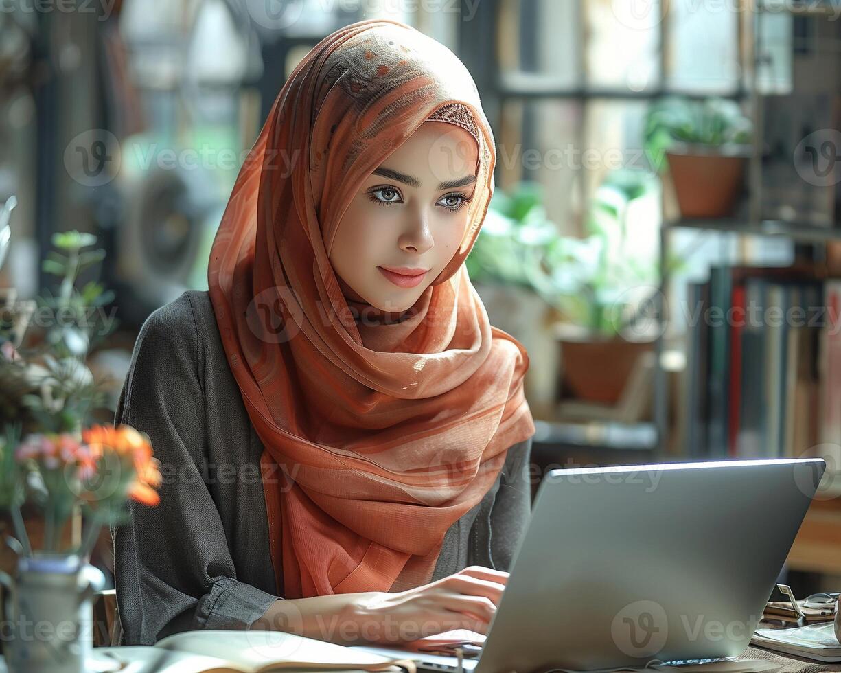 A woman in a hijab working on a laptop in an office. photo