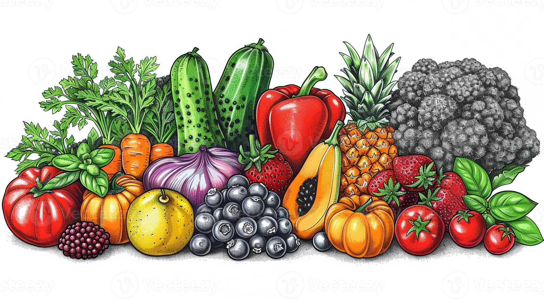 An outline drawing of a variety of fruits and vegetables. photo