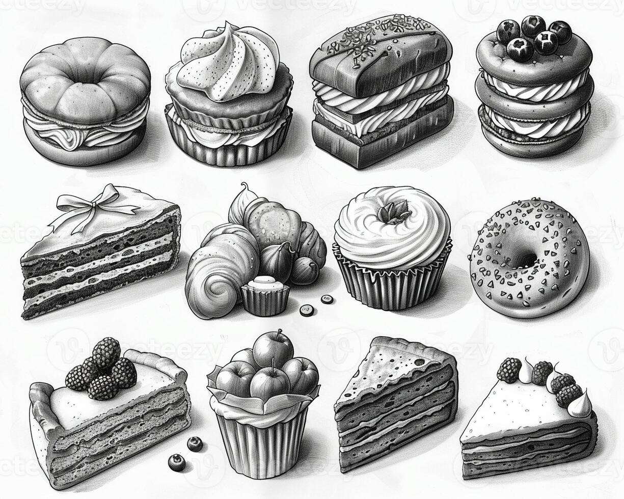An outline drawing of a variety of baked goods. photo