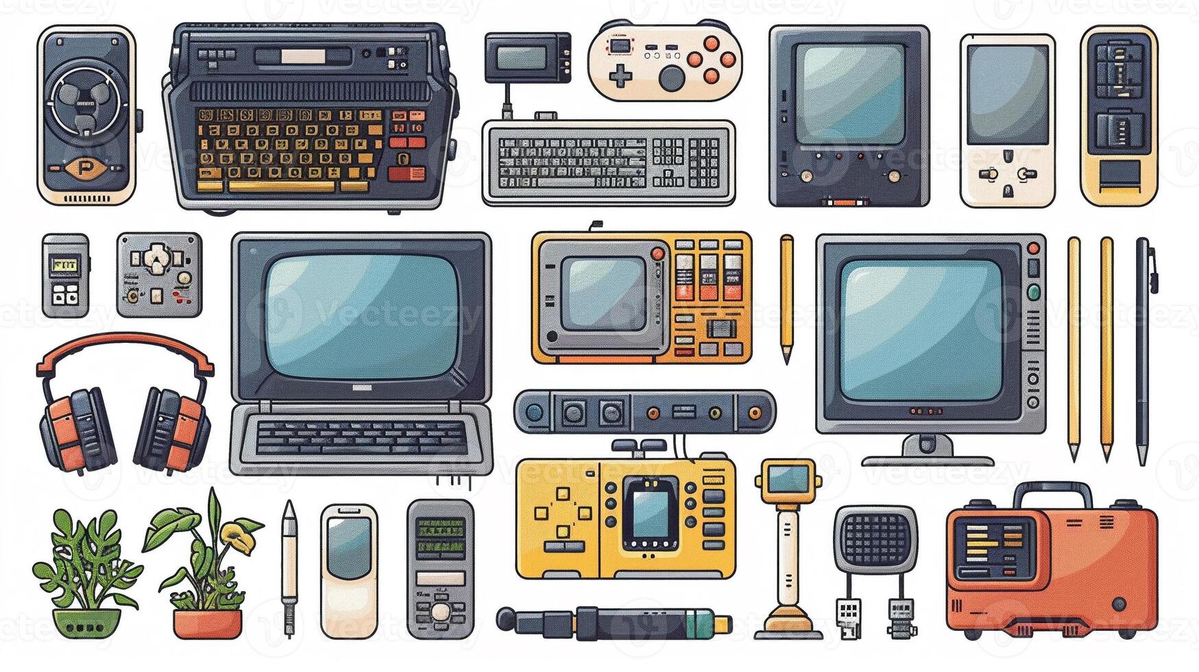 An outline drawing of a variety of electronic devices. photo