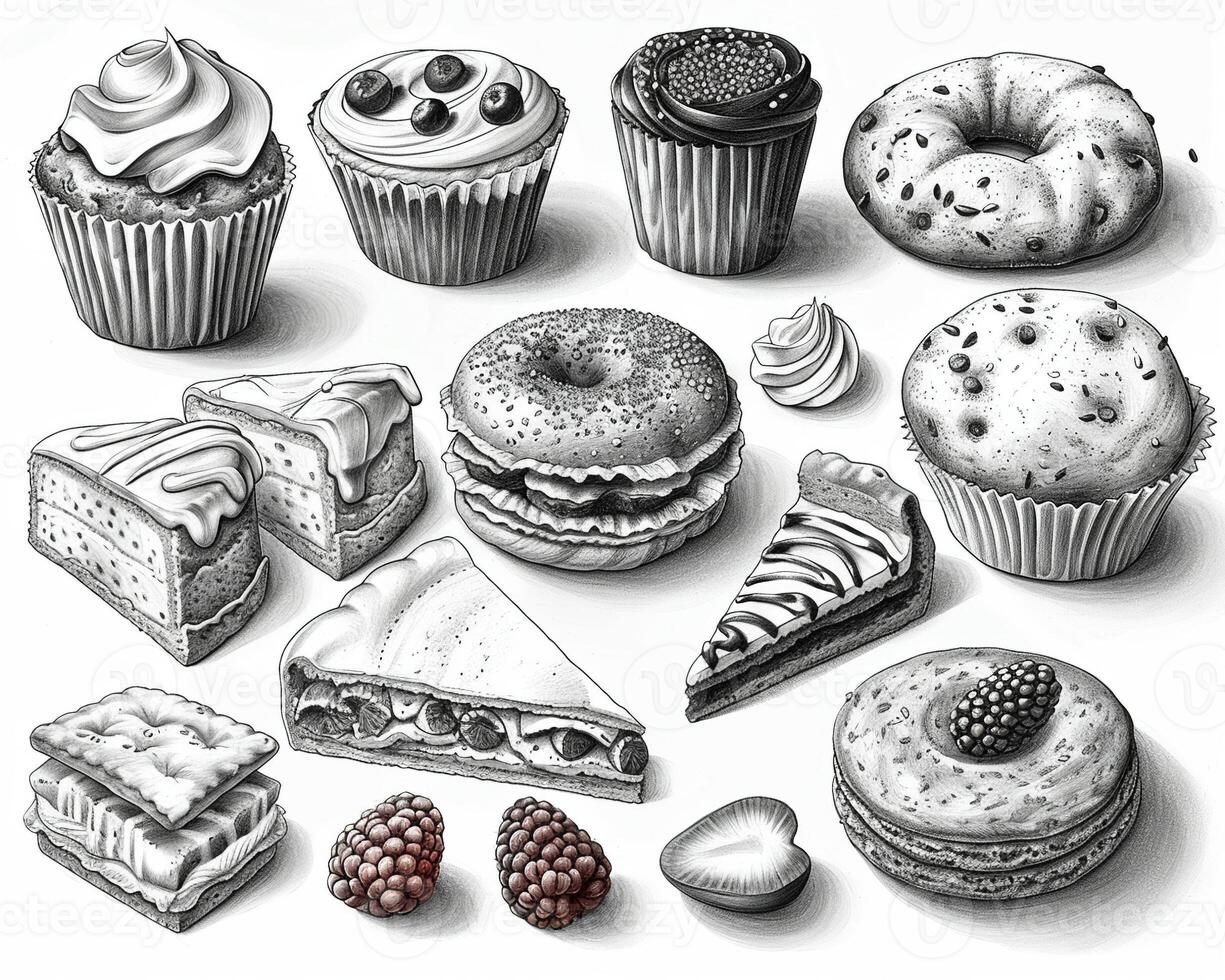 An outline drawing of a variety of baked goods. photo