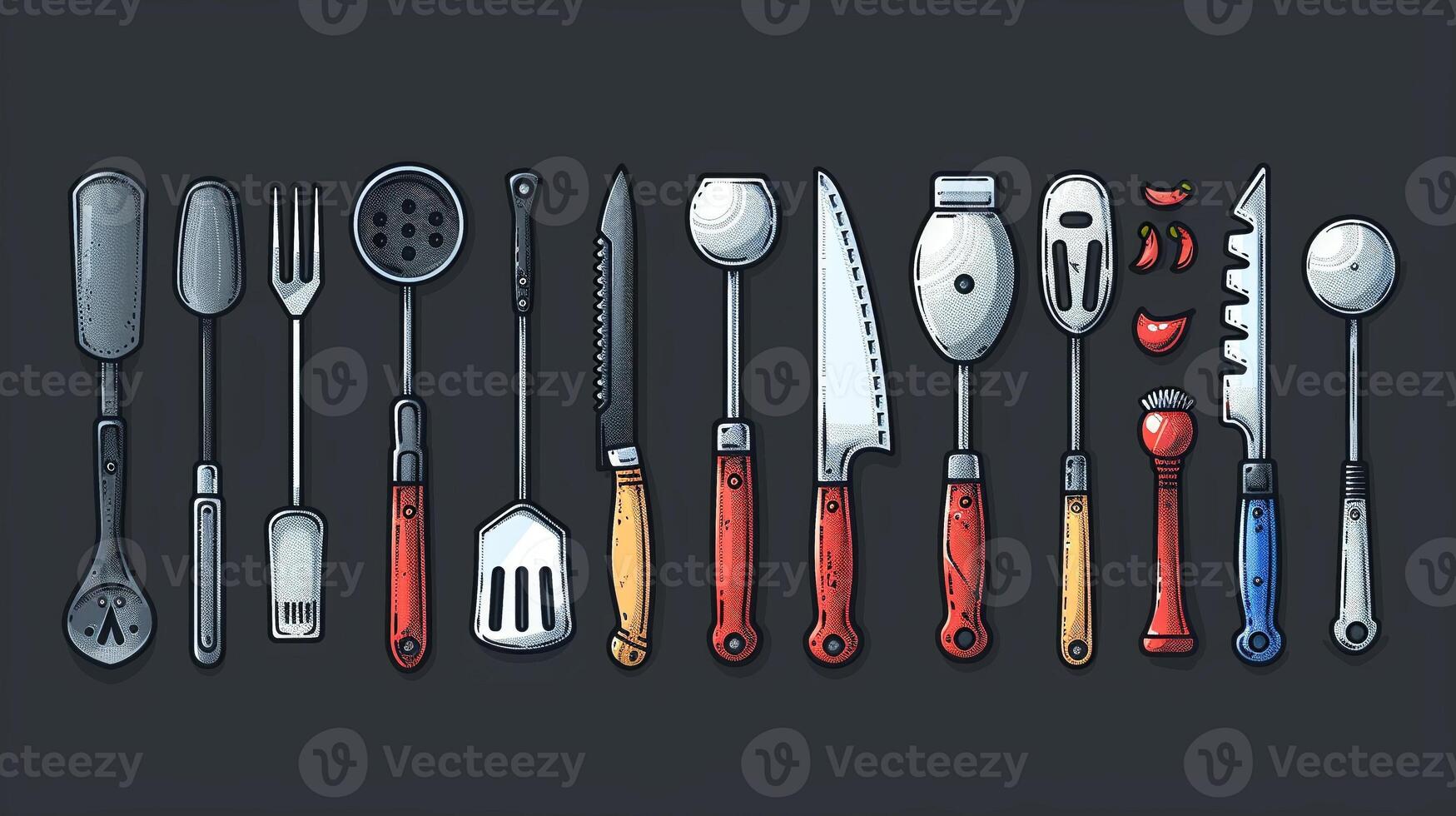 An outline drawing of various kitchen utensils illustration photo