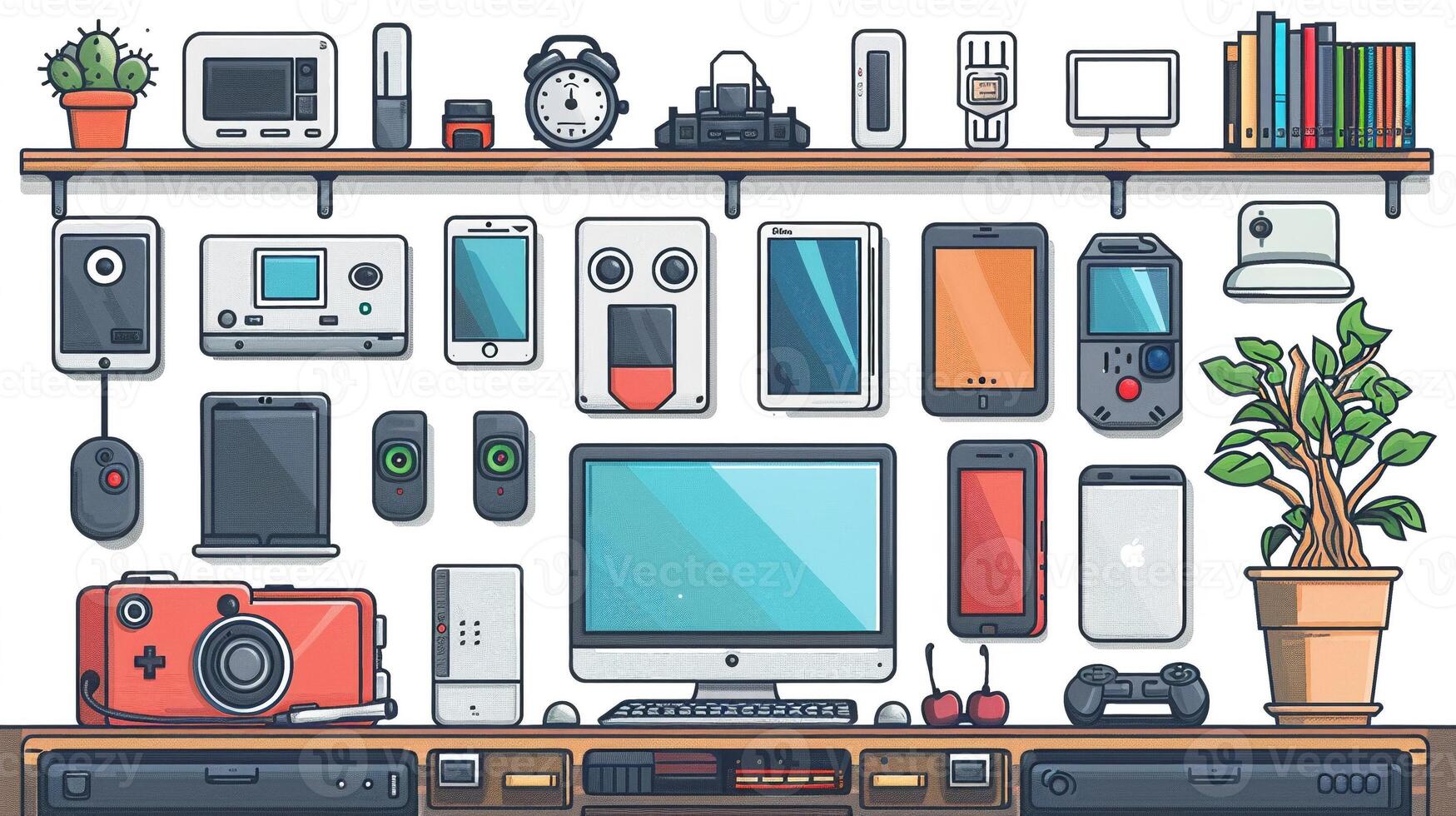 An outline drawing of a variety of electronic devices. photo