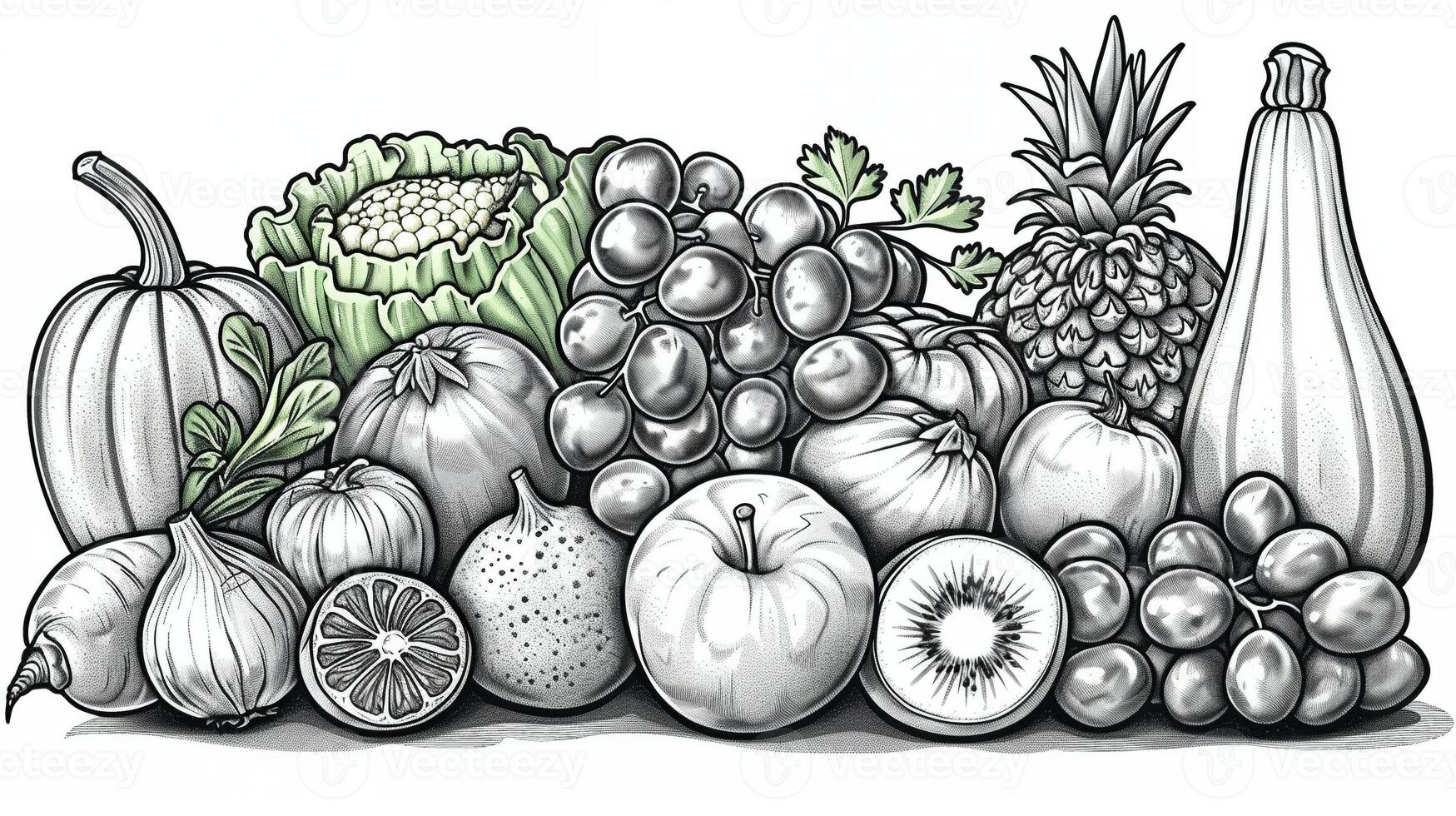 An outline drawing of a variety of fruits and vegetables. photo