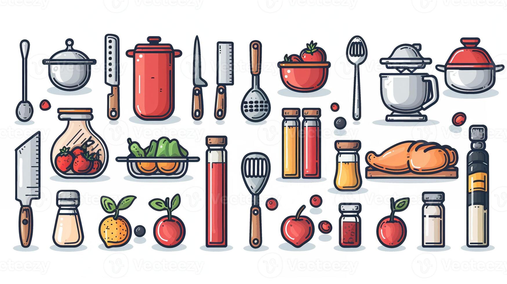 An outline drawing of various kitchen utensils illustration photo