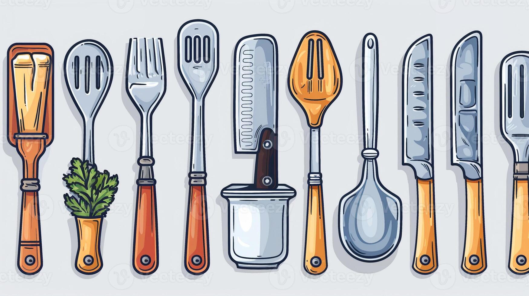 An outline drawing of various kitchen utensils illustration photo