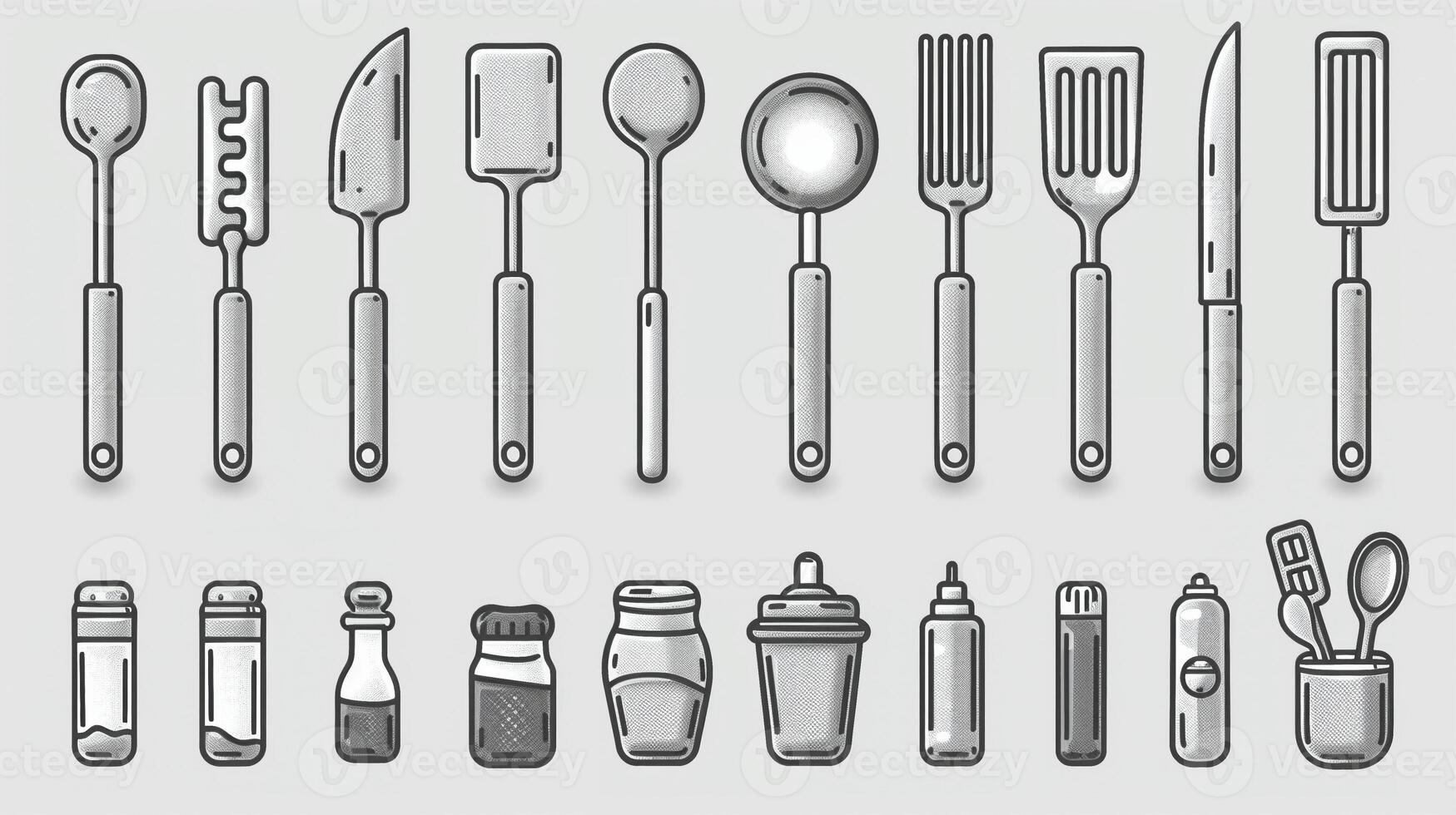 An outline drawing of various kitchen utensils illustration photo