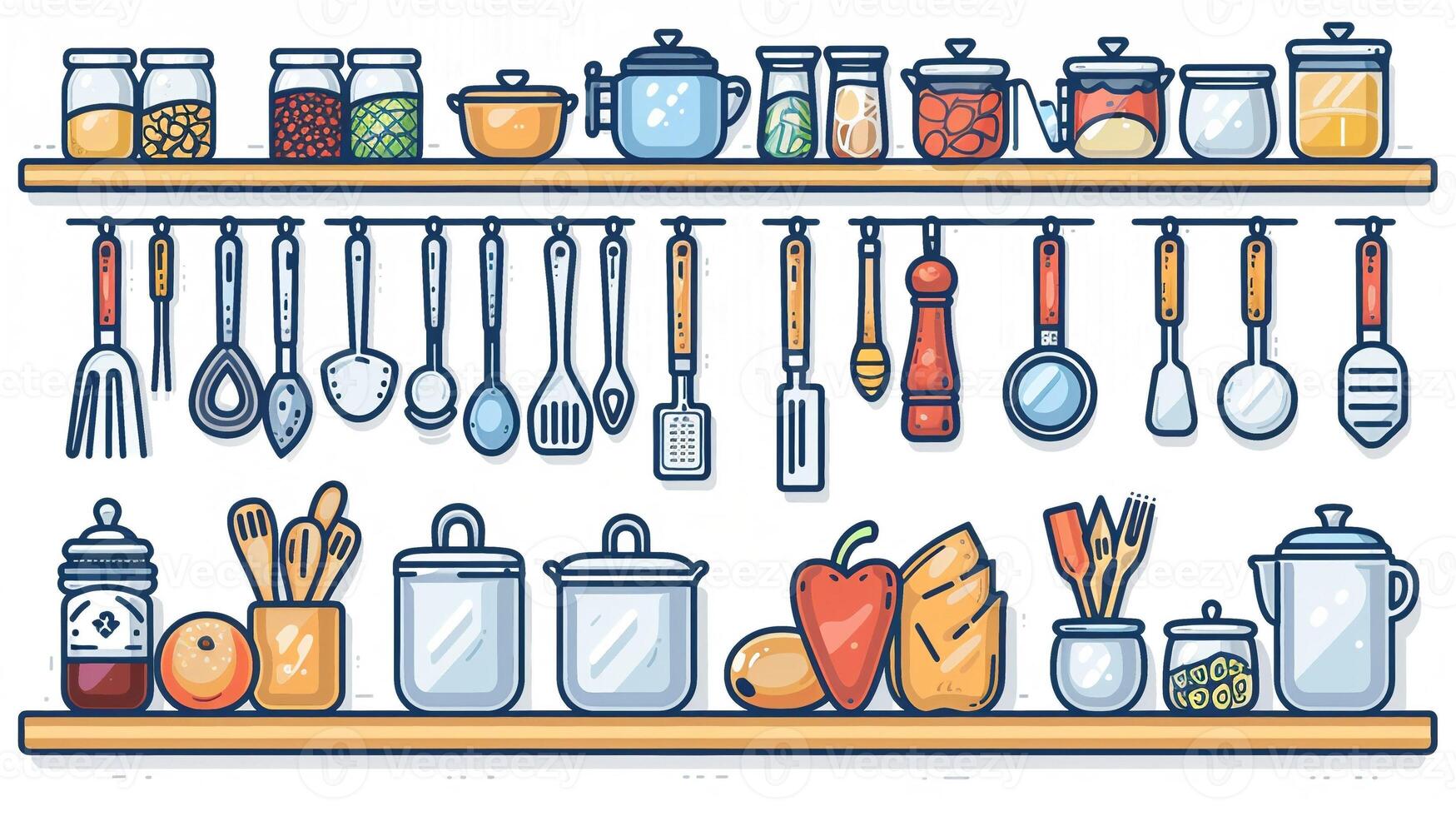 An outline drawing of various kitchen utensils illustration photo