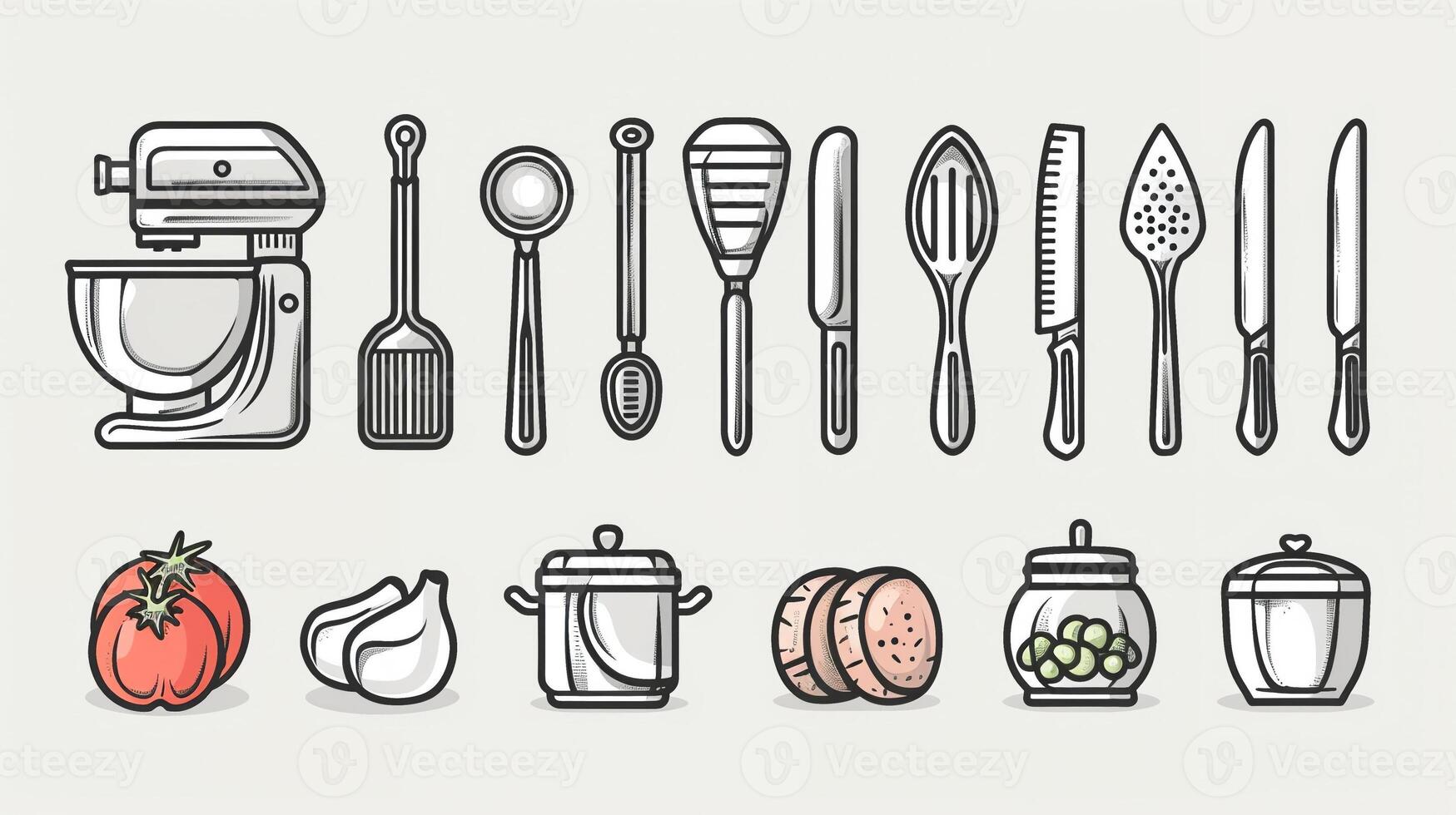 An outline drawing of various kitchen utensils illustration photo