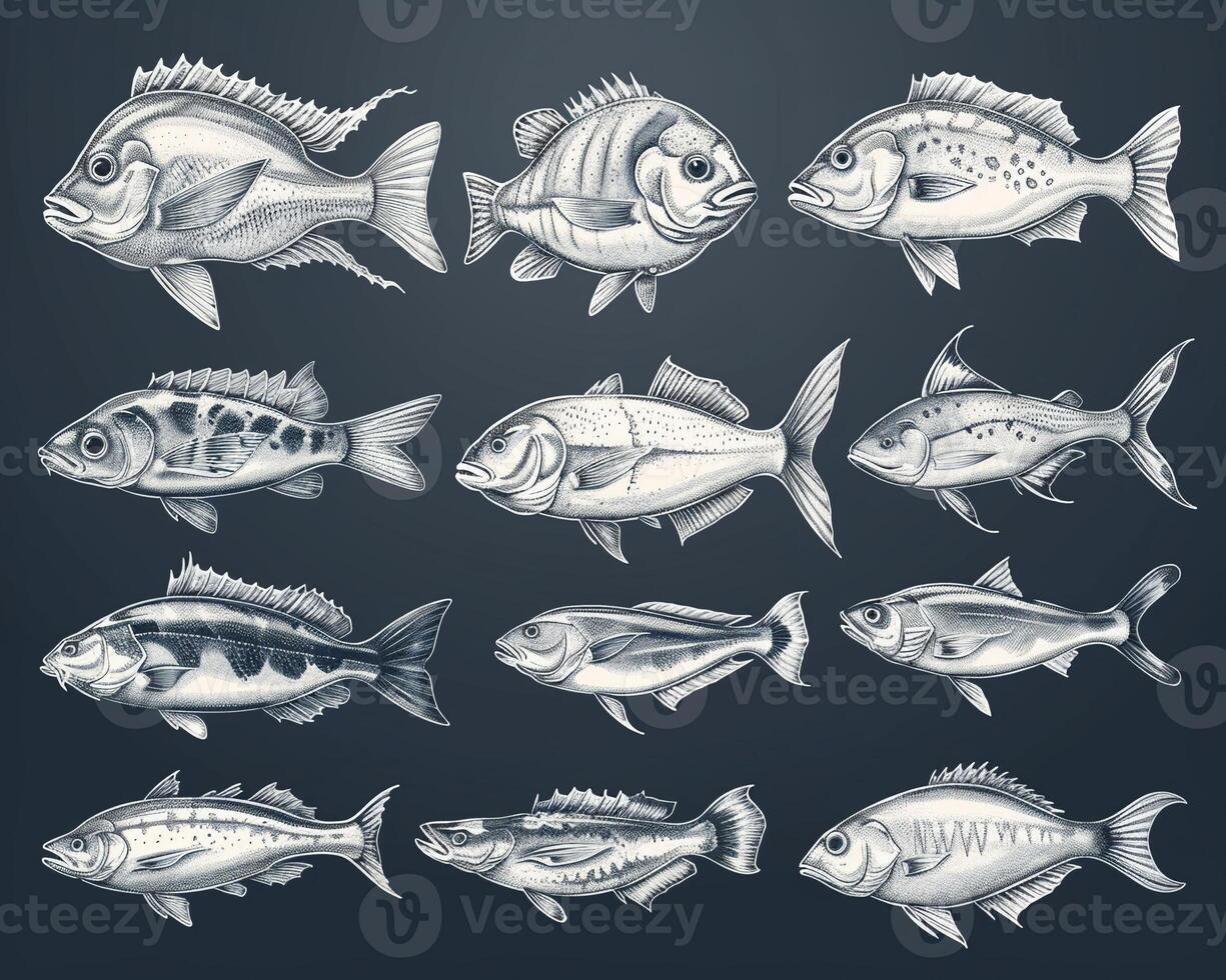 An outline illustration of various types of fish. photo