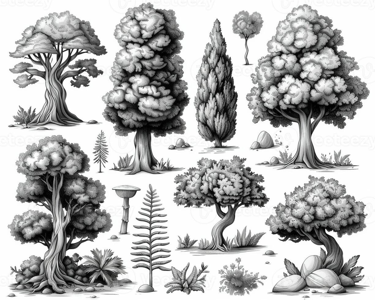An outline illustration of different types of trees. photo