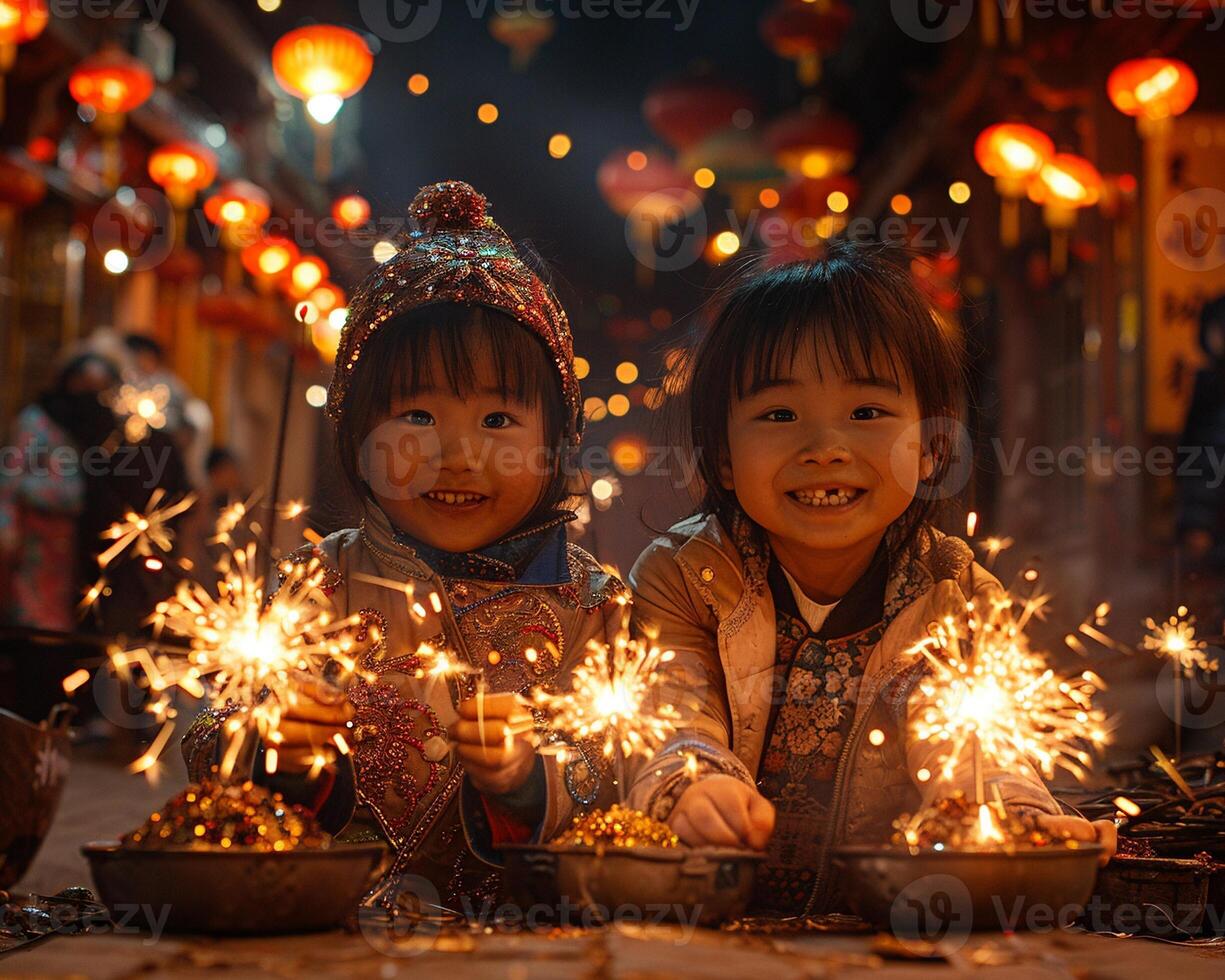 Children playing with sparklers during Lunar New Year celebrations. photo