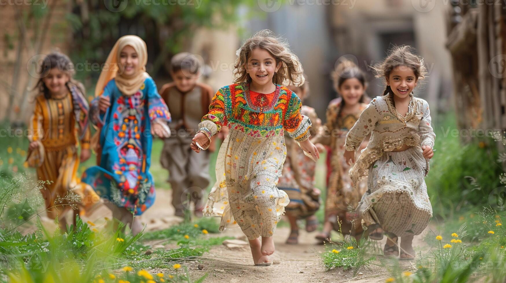 Children wearing new clothes for Eid al Adha playing in the yard photo