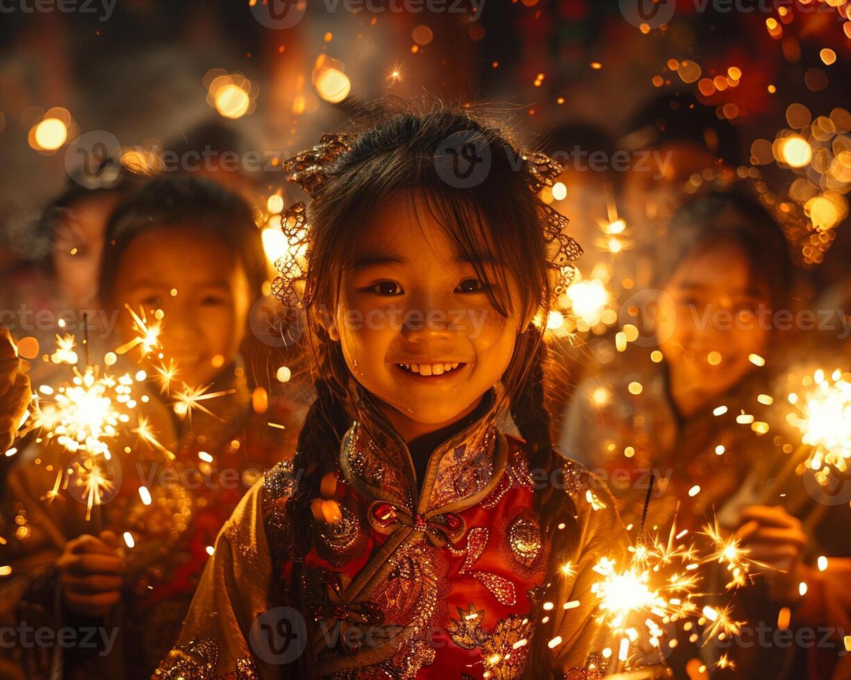 Children playing with sparklers during Lunar New Year celebrations. photo