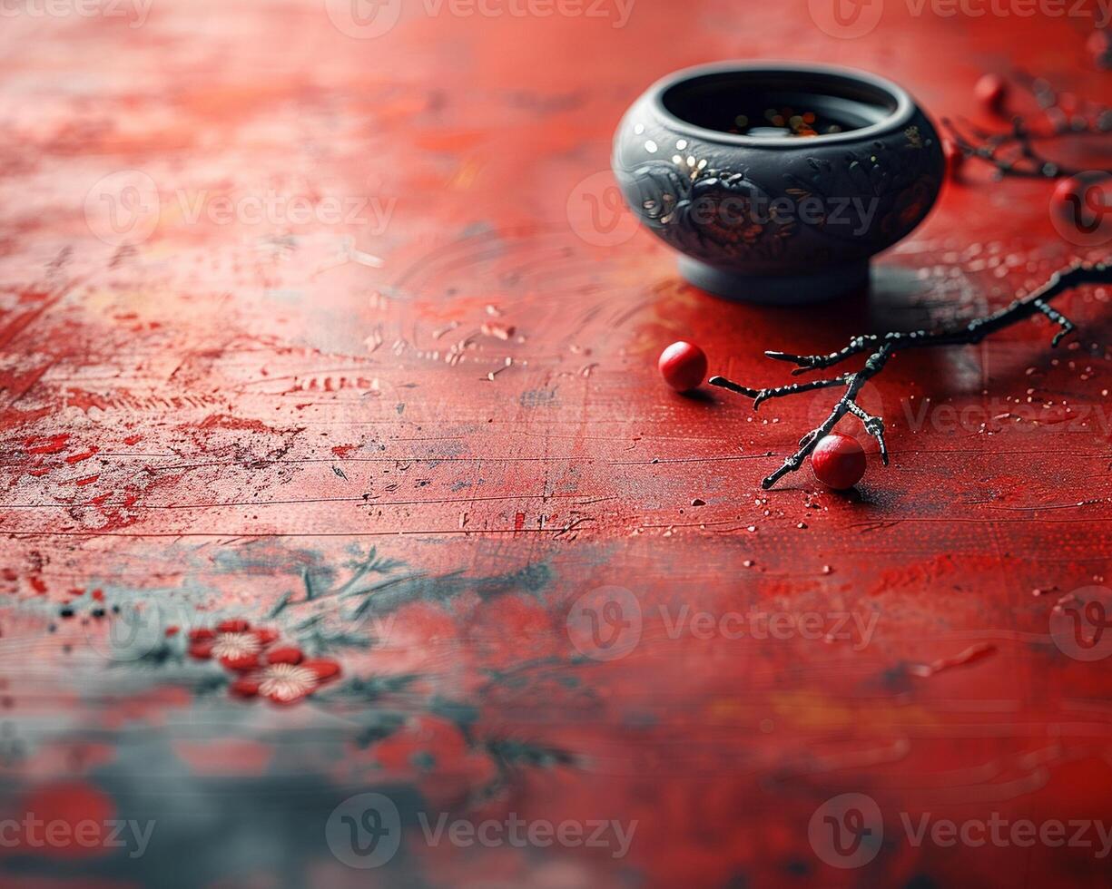 Close-up of a traditional Chinese New Year calligraphy on red paper. photo