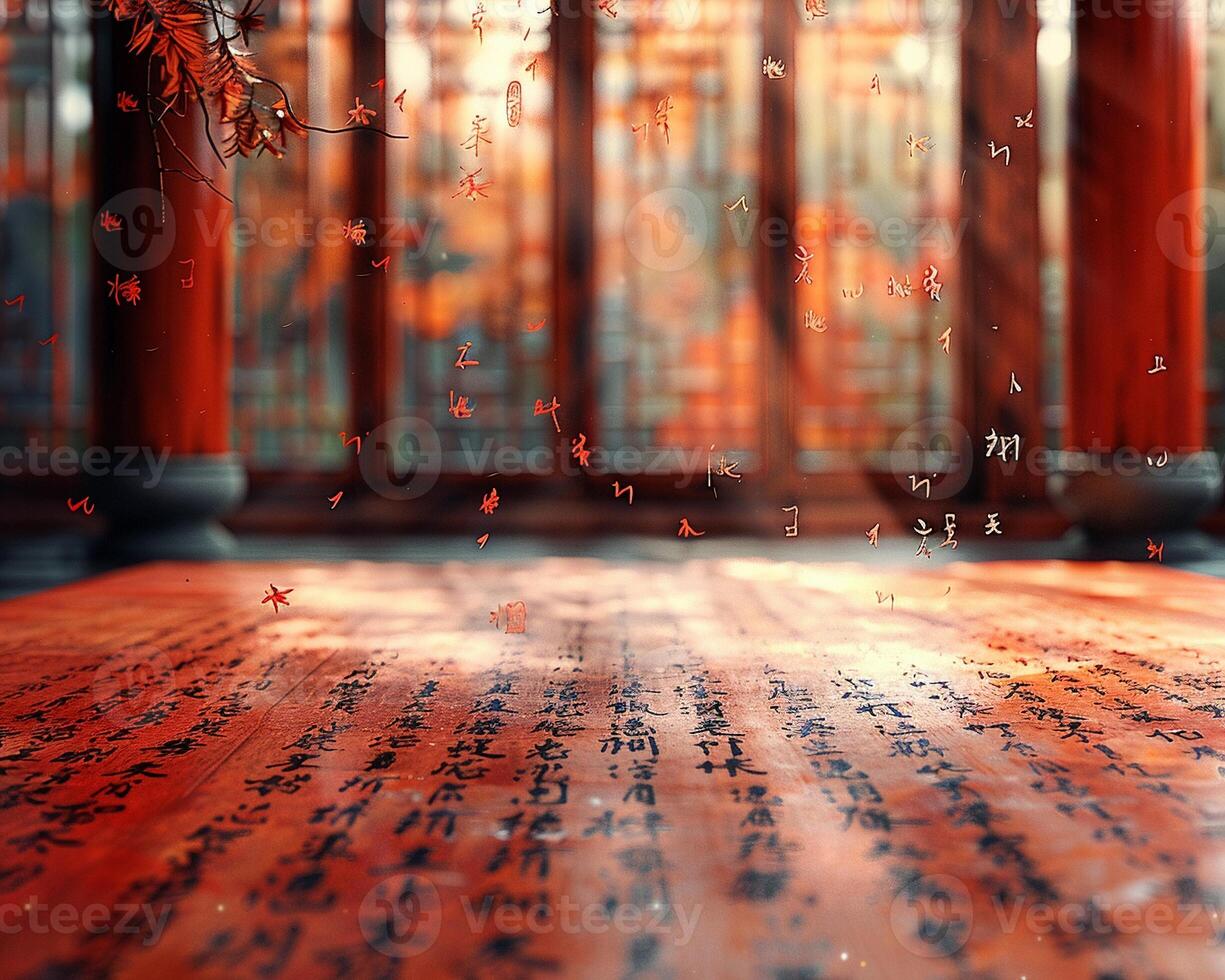 Close-up of a traditional Chinese New Year calligraphy on red paper. photo