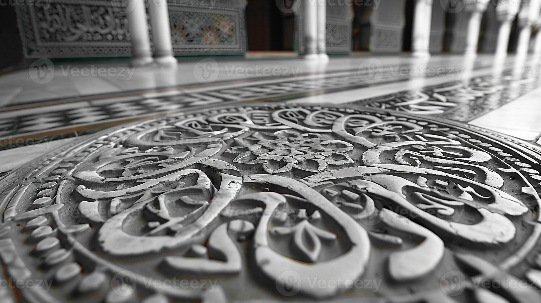 Detailed close-up of mosques geometric patterns and calligraphy. photo