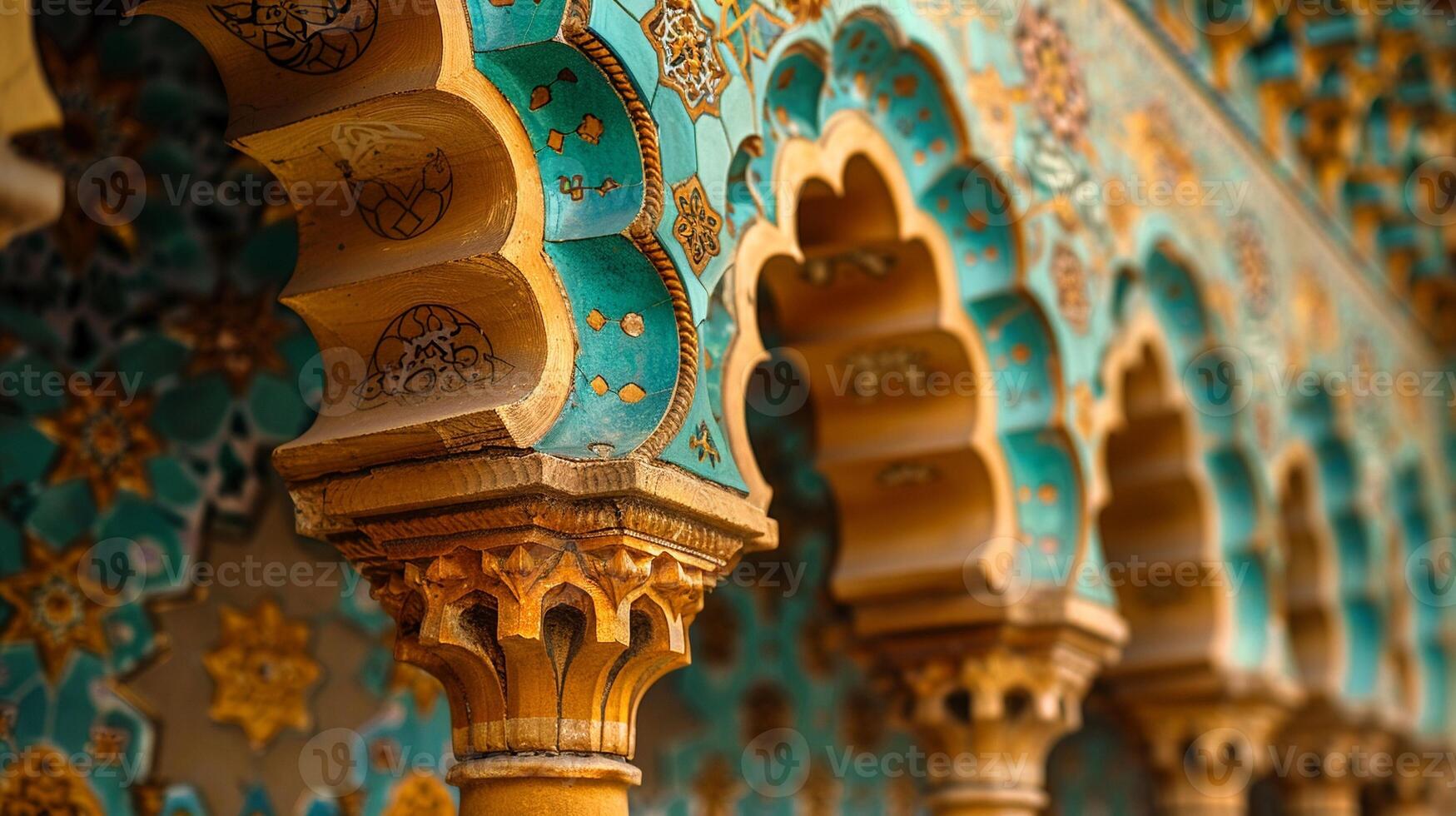 Detailed close-up of mosques geometric patterns and calligraphy. photo
