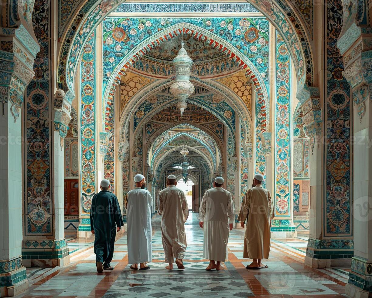 Group of friends discussing faith inside a mosque medium shot photo