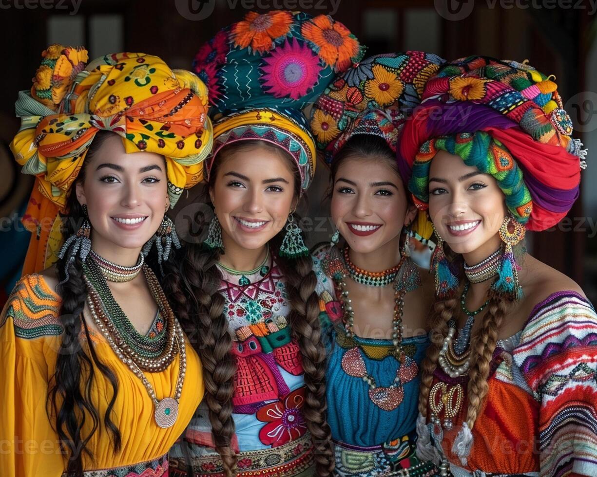 Group of women posing in traditional attire wide-angle photo