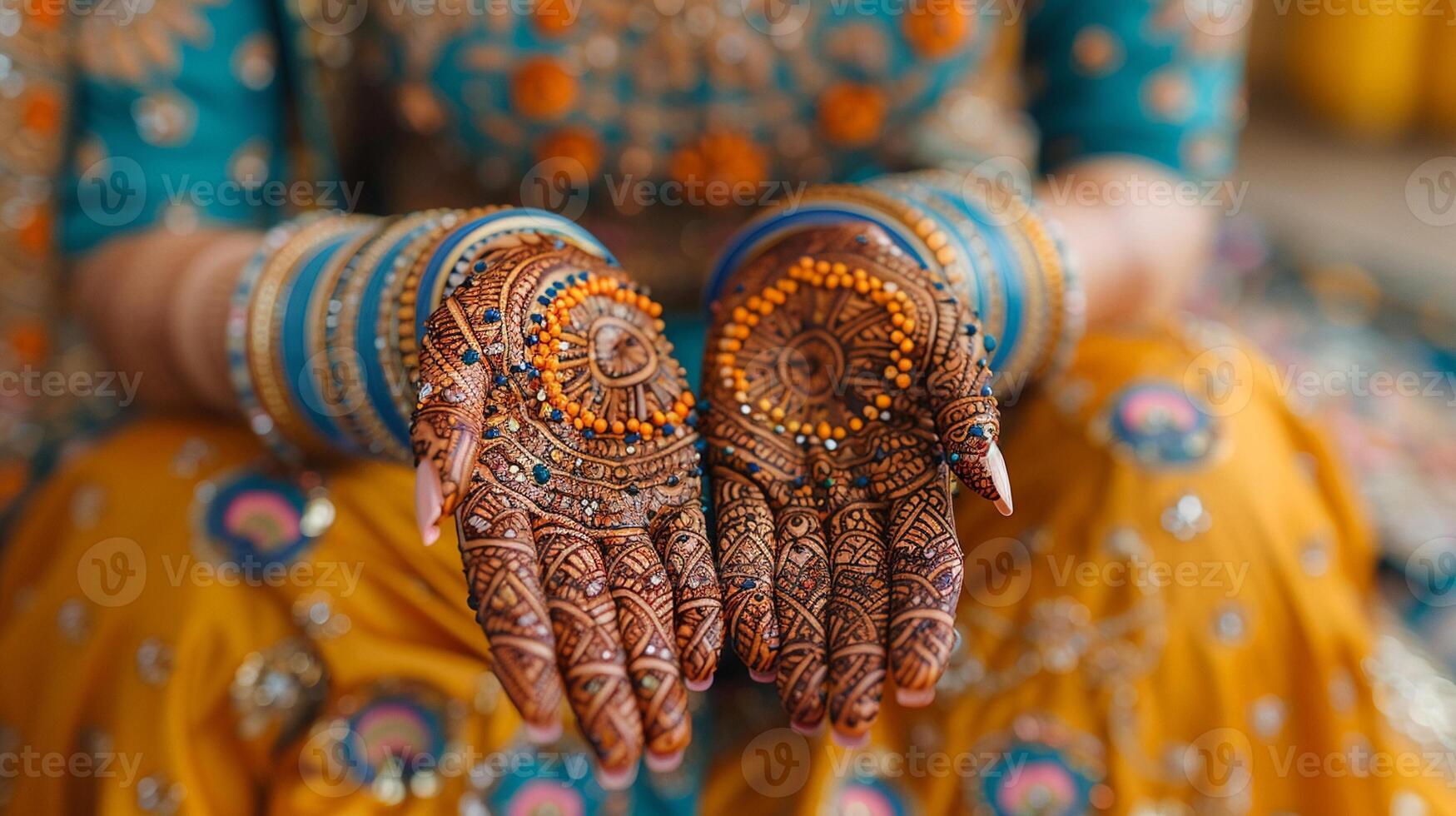 Henna artist applying designs to a brides hands close-up photo