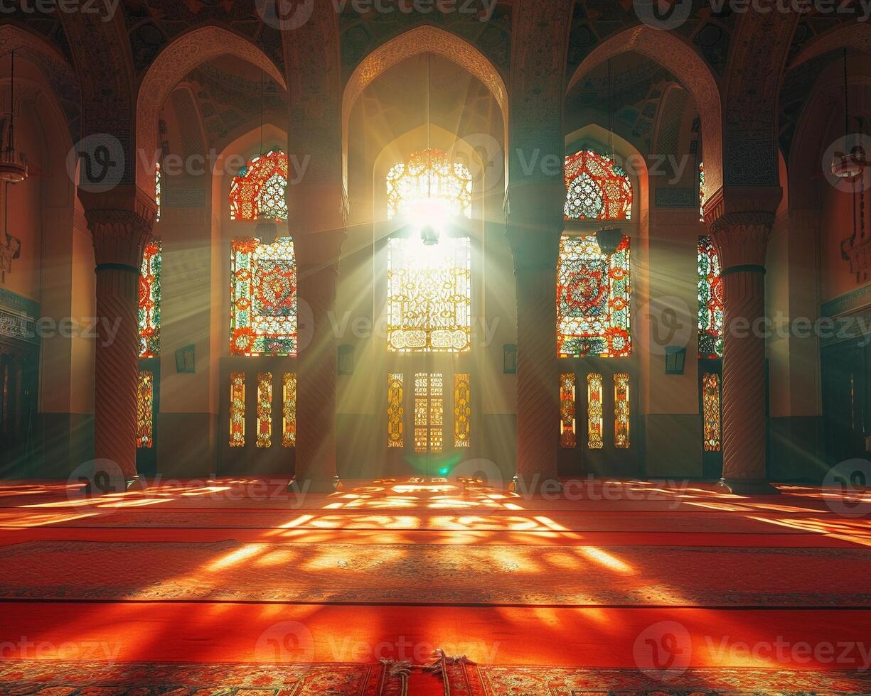 Interior of a mosque with sunlight filtering through windows photo