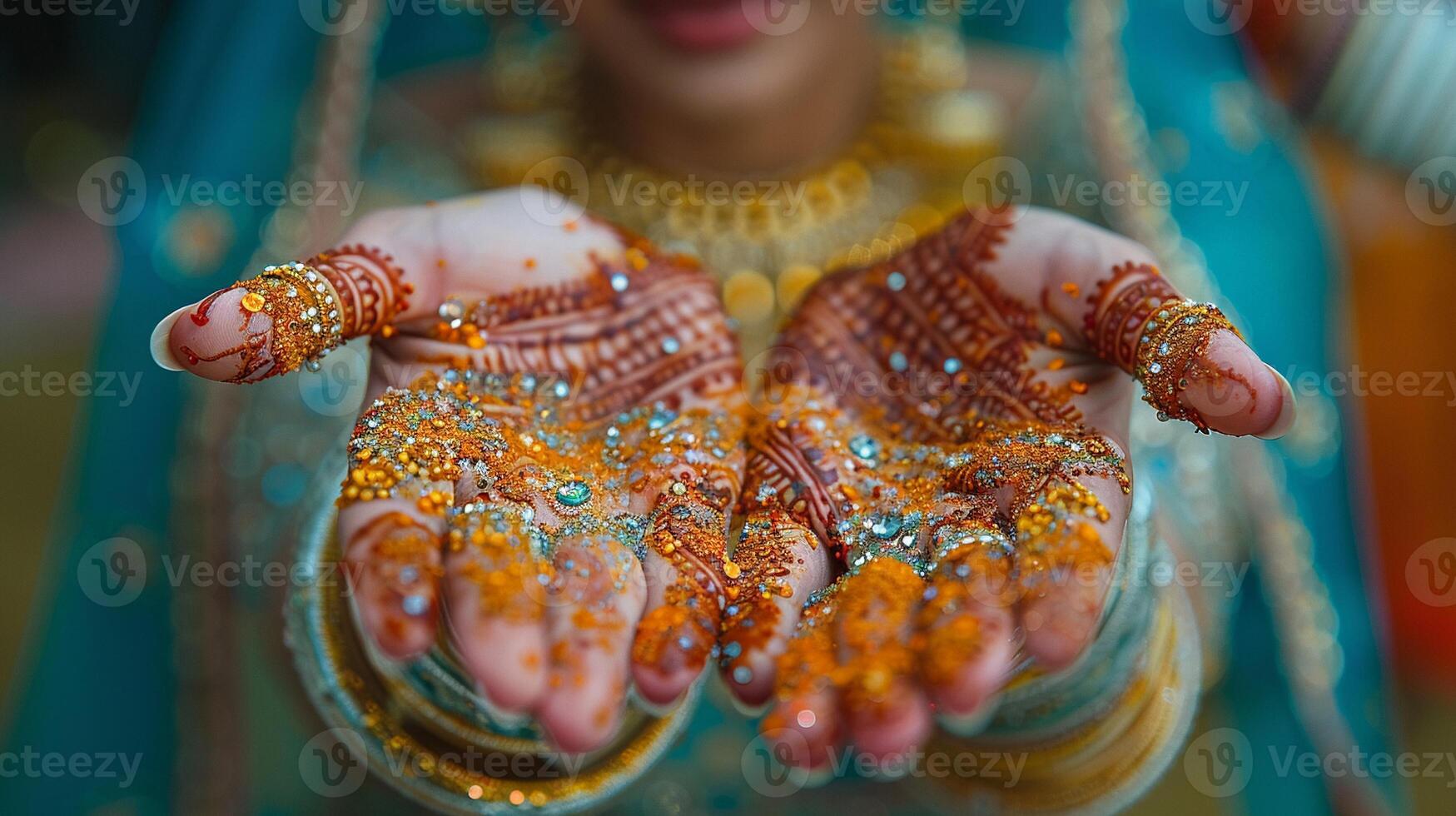 Henna artist applying designs to a brides hands close-up photo