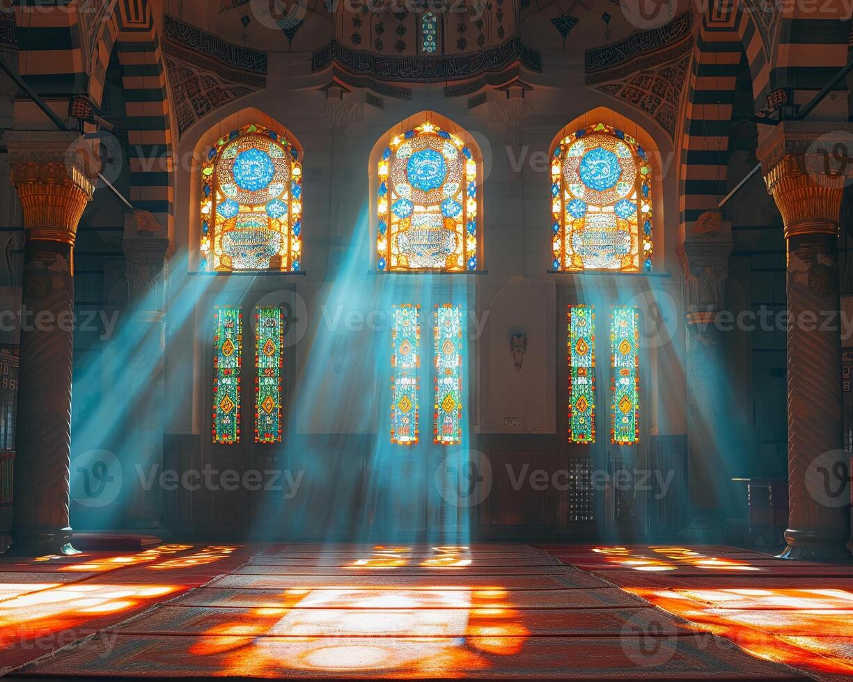 Interior of a mosque with sunlight filtering through windows photo