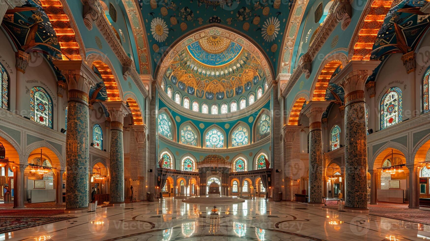 Interior of a grand mosque with intricate arches and domes photo
