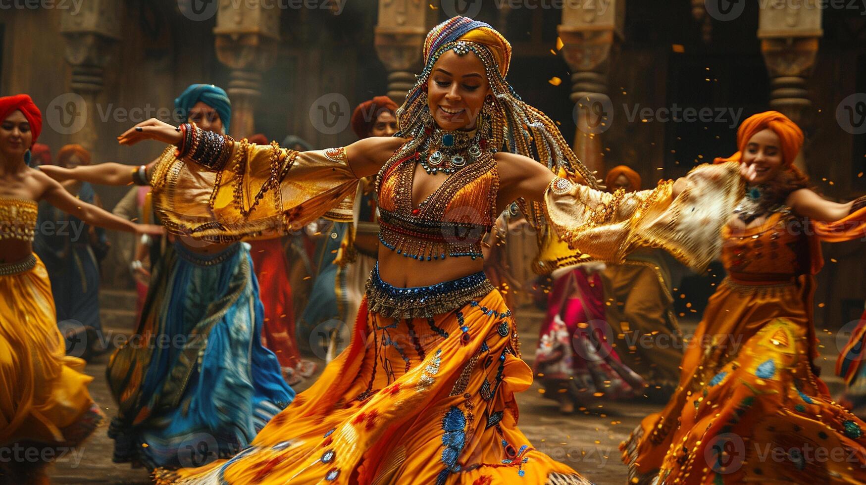 Man and woman performing traditional dance medium shot photo