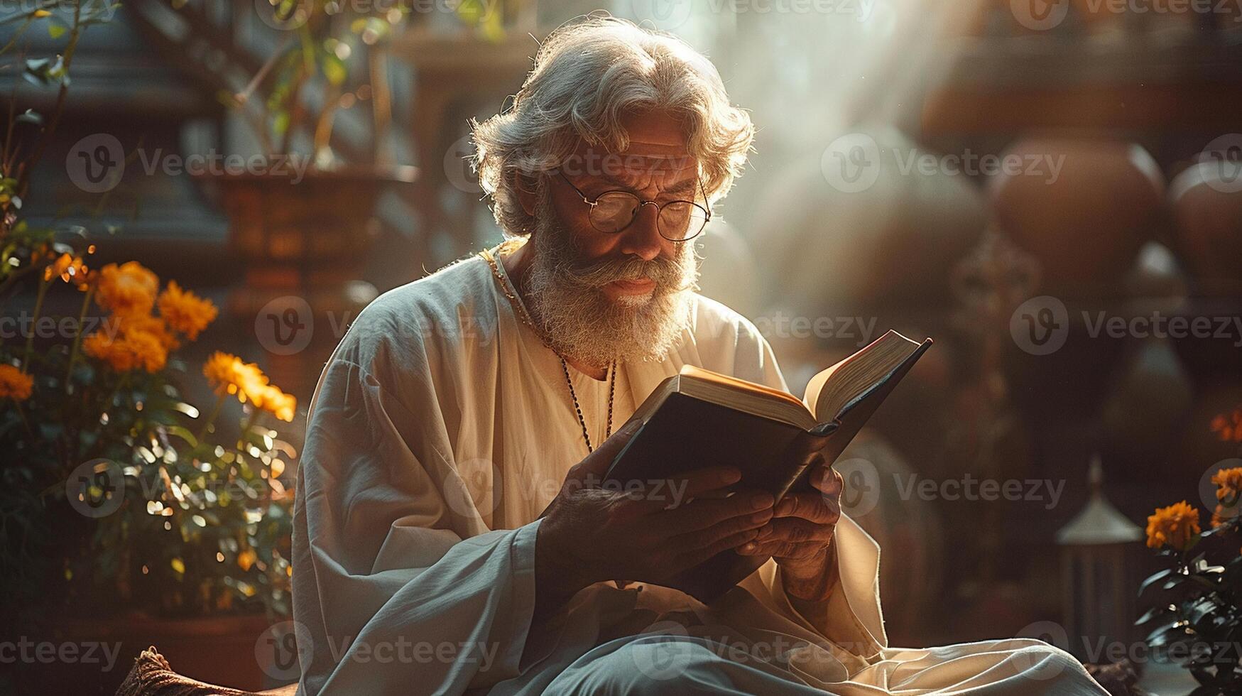 Man reading from a holy book during Eid al Adha close-up photo