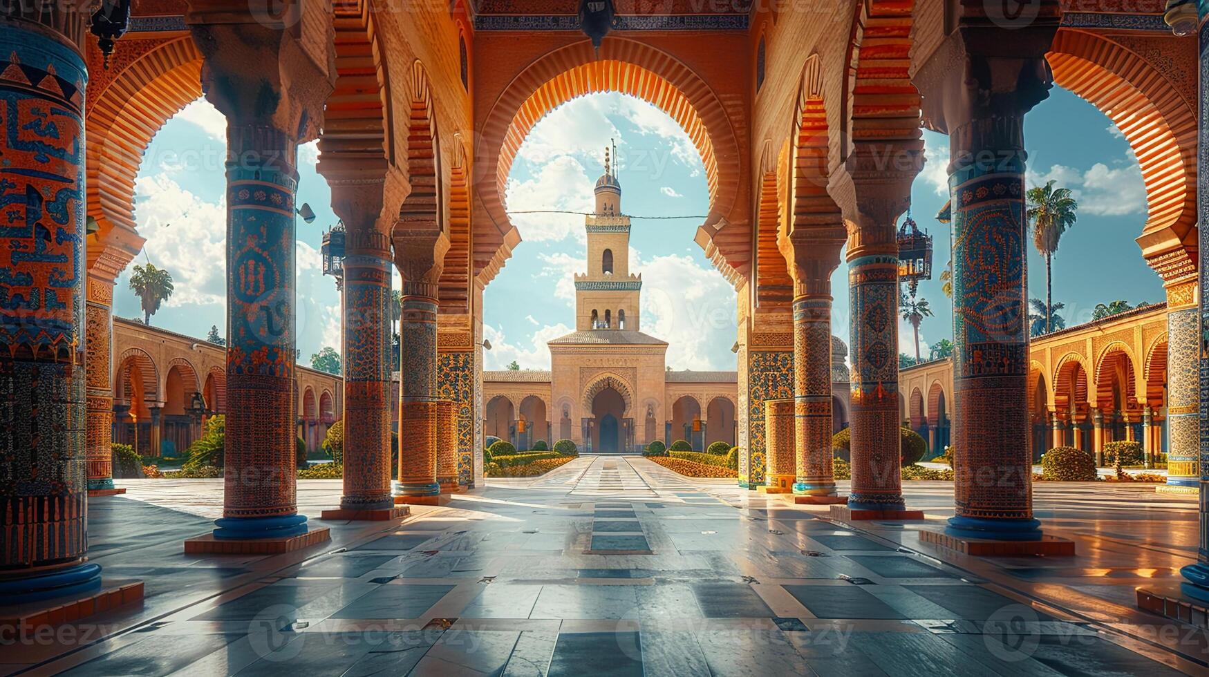 Mosque courtyard with traditional lanterns and arches wide-angle photo