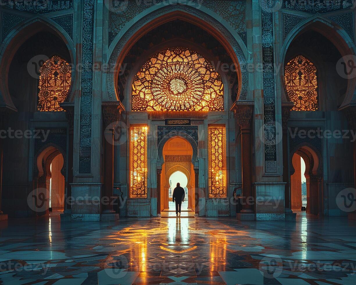 Person entering a mosques beautifully designed door medium shot photo