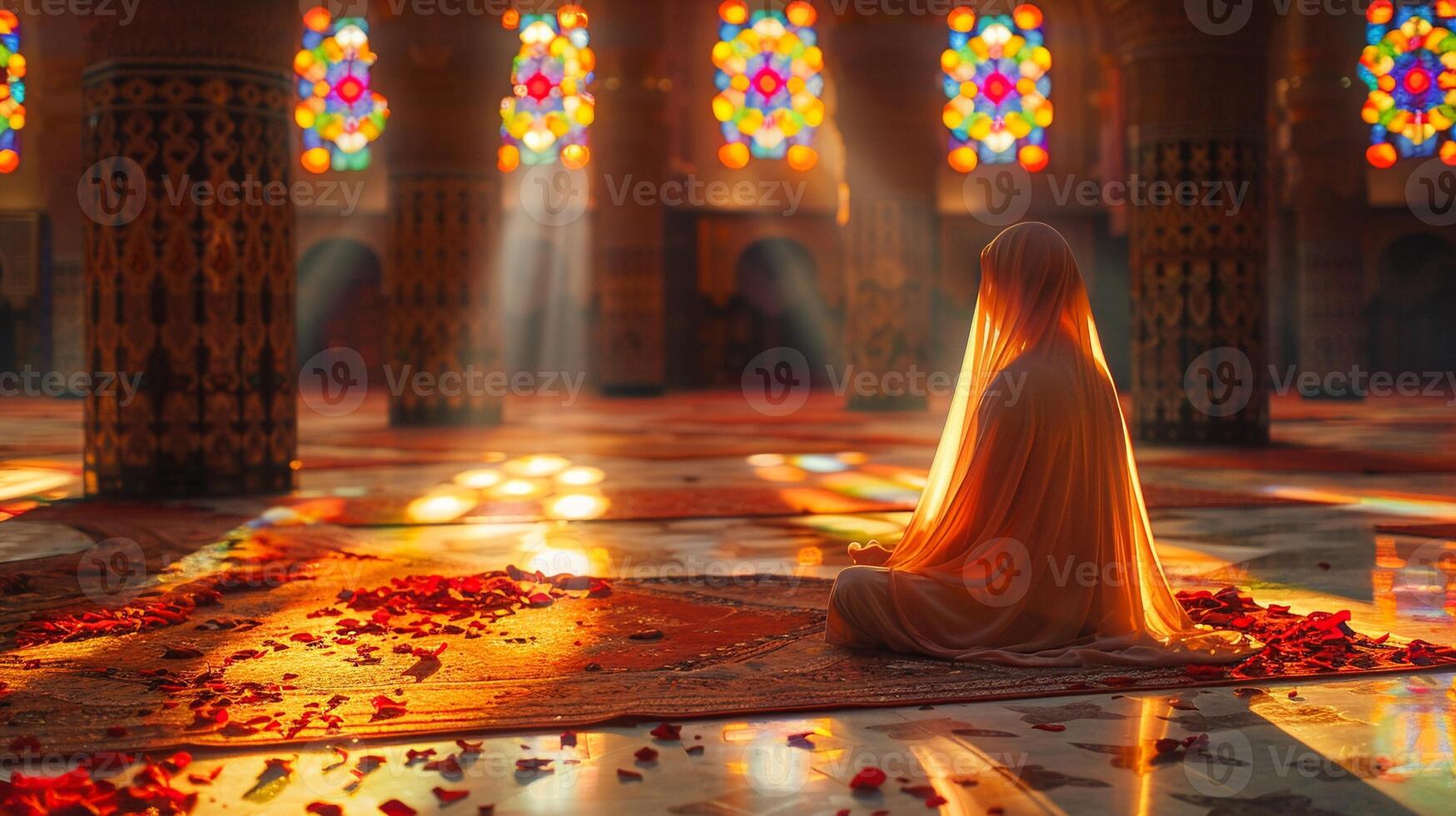 Person praying inside a mosque focus on the architecture photo
