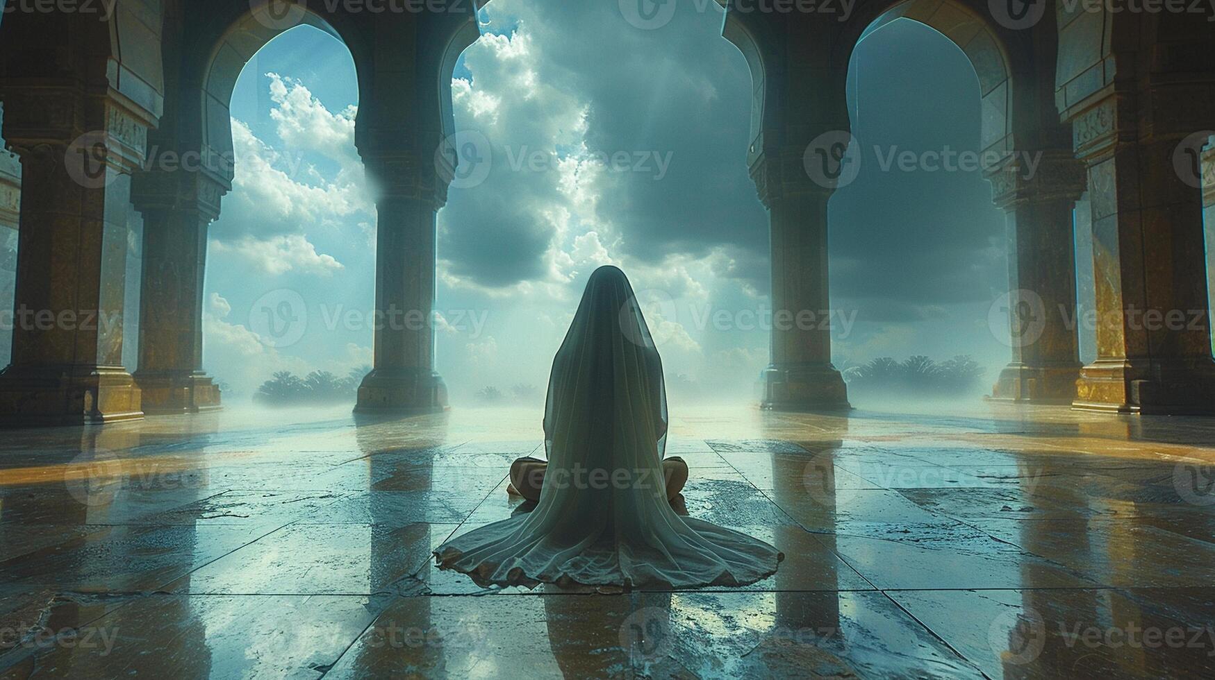 Person praying inside a mosque focus on the architecture photo