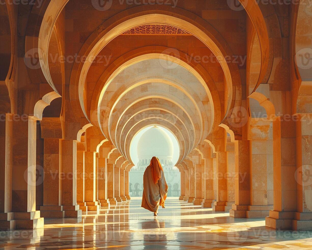 Person walking through a mosques archway medium shot photo