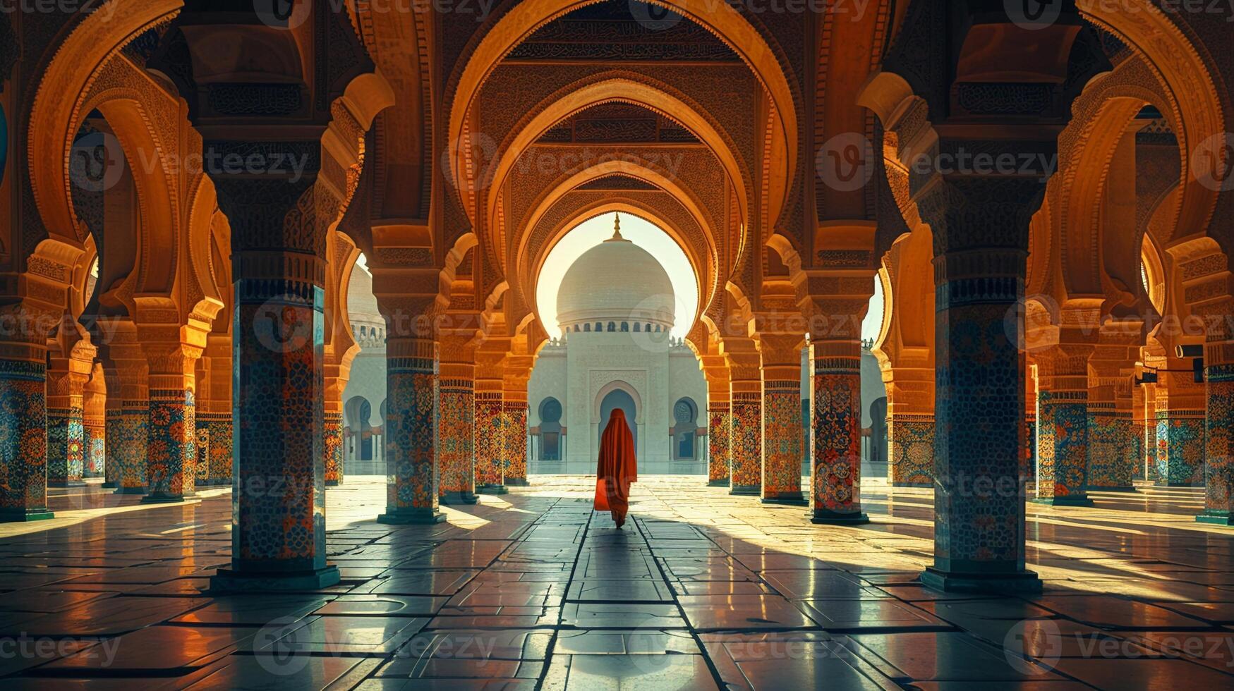 Person walking through a mosques courtyard wide-angle photo