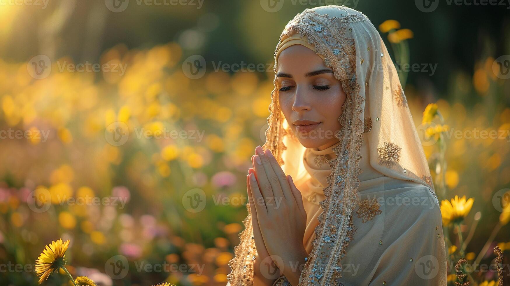 Woman in hijab praying in a peaceful garden photo