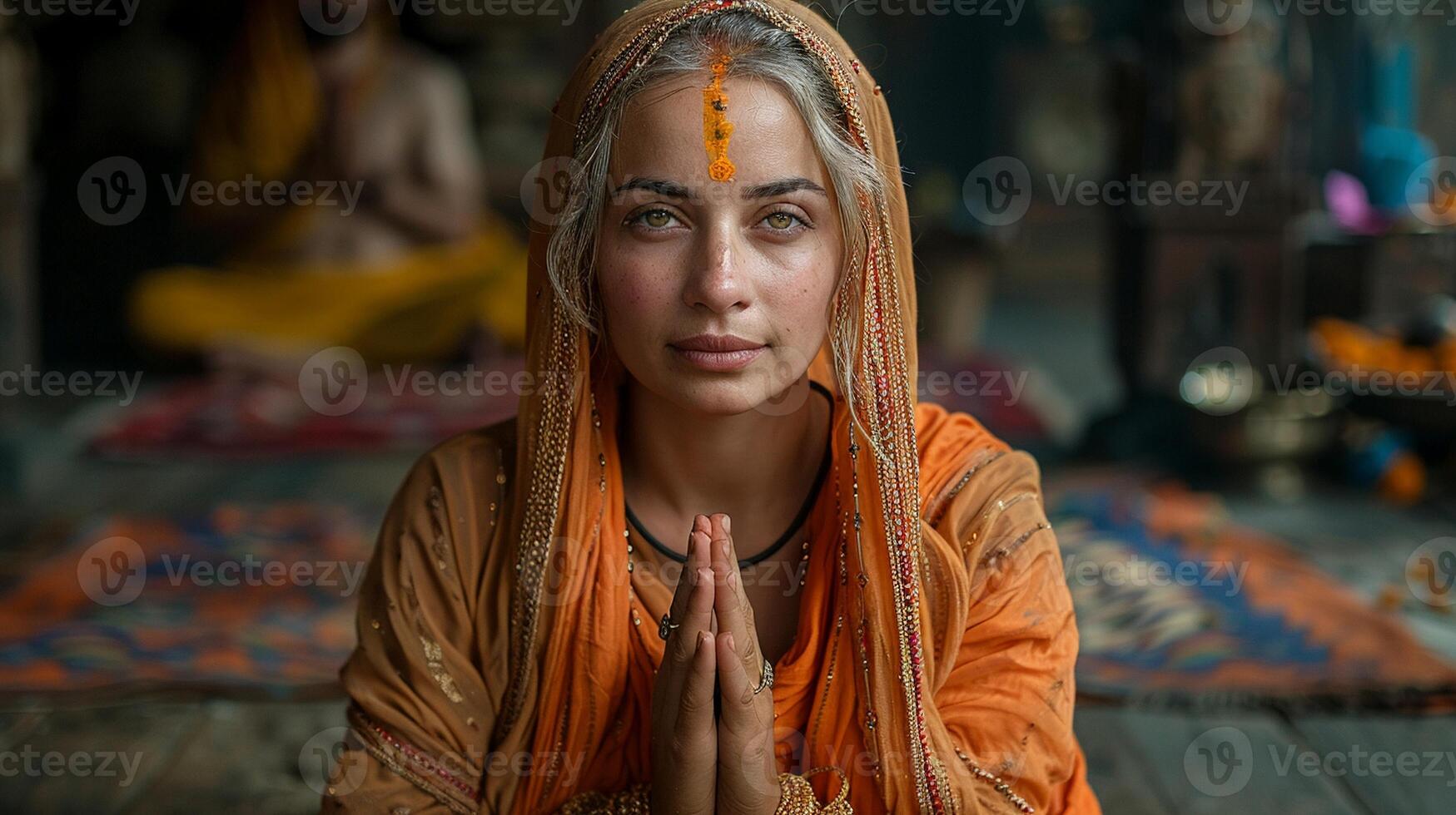 Woman in traditional attire sitting and praying indoors photo