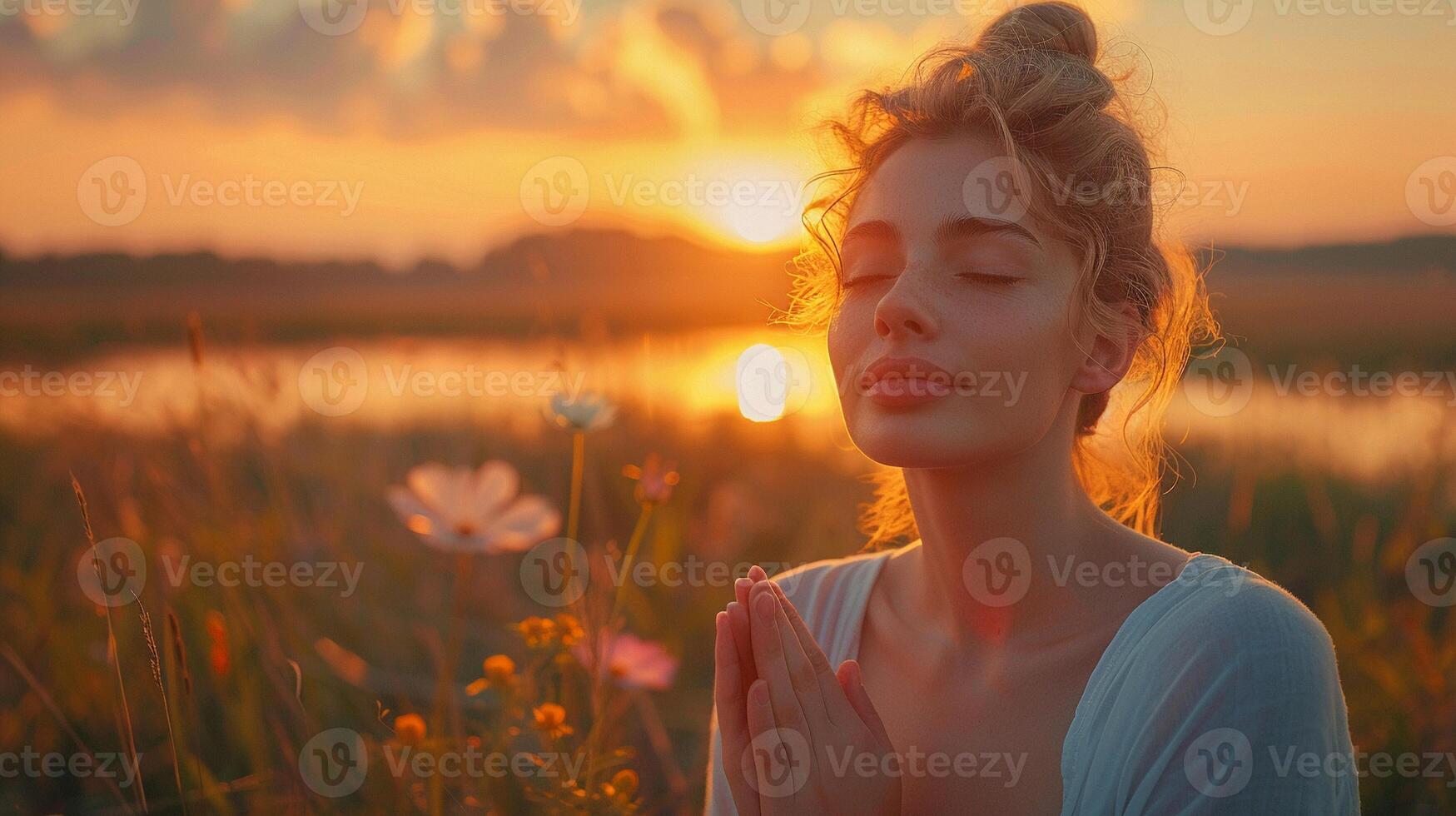 Woman praying by a lakeside at sunset medium shot photo