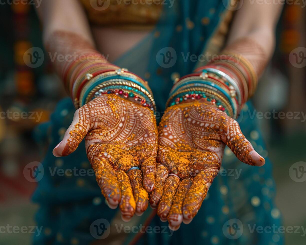Woman wearing bangles showing her henna-covered hands photo